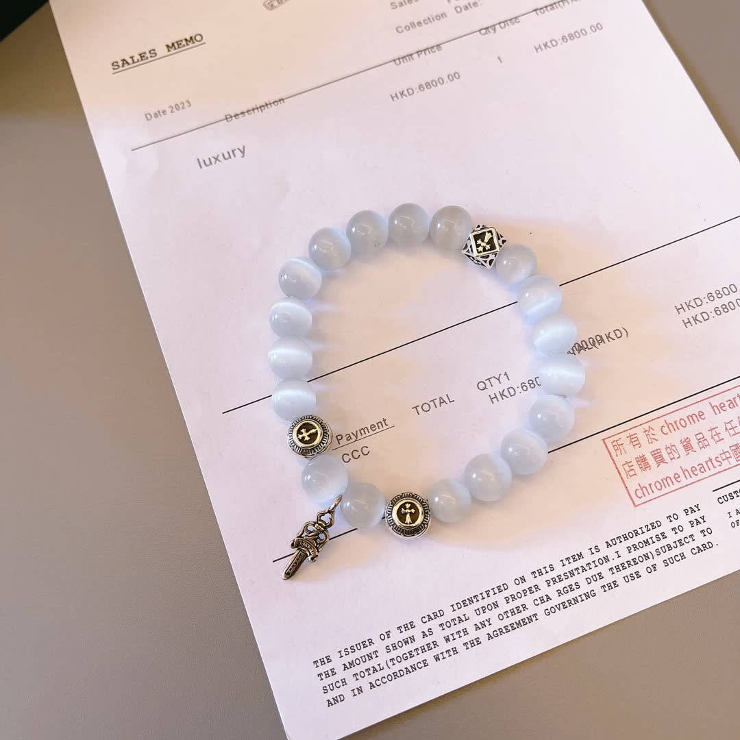 Chrome Hearts Moonstone Beaded Bracelet with Silver Charms
